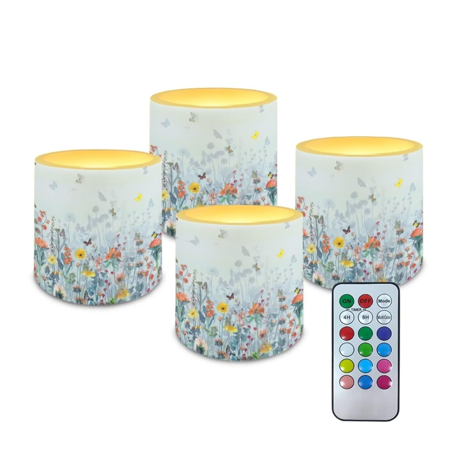Merkmak 4 Pack Flameless Candles with Remote and Timer Flameless Pillar Tea Lights Bulk for Indoor Outdoor Battery Operated Candles, Butterfly Hibiscus Flower