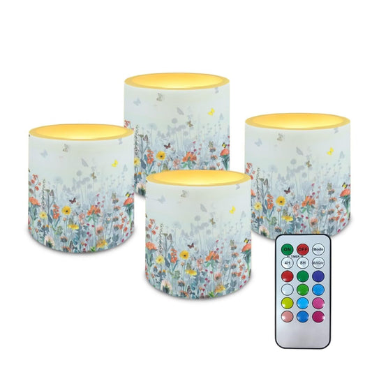 Merkmak 4 Pack Flameless Candles with Remote and Timer Flameless Pillar Tea Lights Bulk for Indoor Outdoor Battery Operated Candles, Butterfly Hibiscus Flower