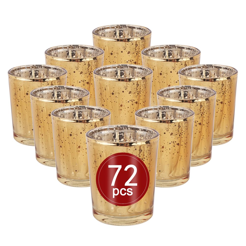 BTGLLAS 72pcs Gold Glass Tea Light Holders - Votive Candle Holders Bulk for Weddings Events - Glass Votives for Wedding Centerpieces, Christmas, Thanksgiving - Candle Accessories Decor (72, Gold)