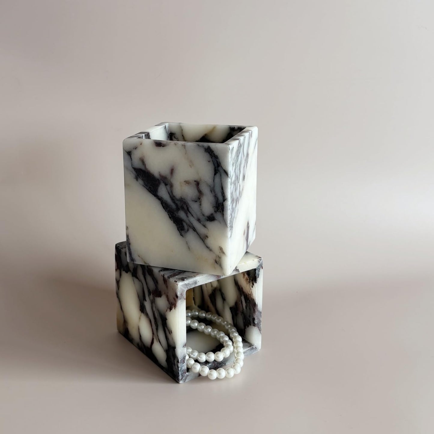 StonePlus Natural Marble Stone Square Storage Container Empty Vessel Holder Cup for Candle/Pens/Sundries items (Calacatta Purple)