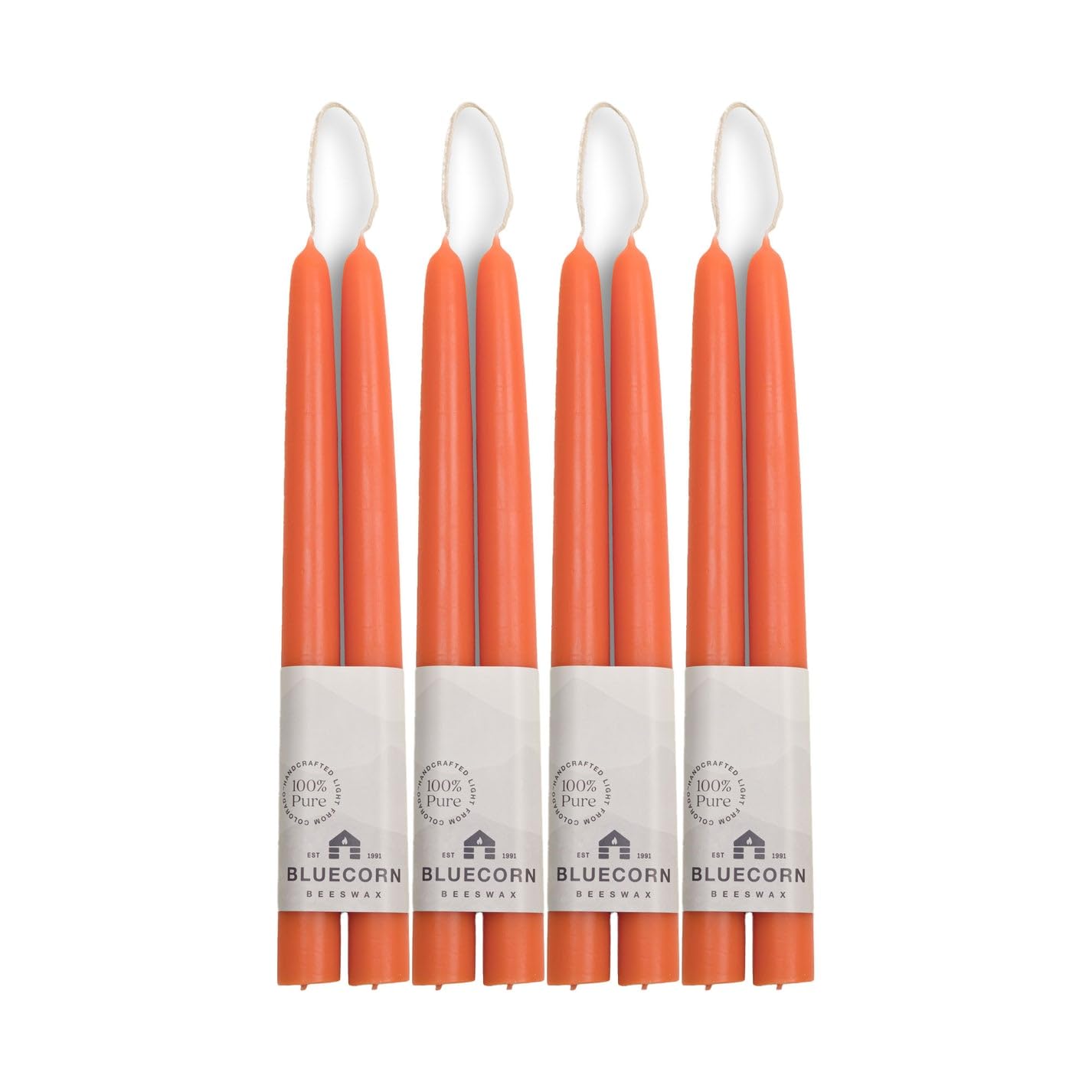 Bluecorn Beeswax Taper Candles, 100% Pure Natural Bees Wax, Pair of 10 Inch Orange Tapered Candlesticks, Clean Burning & Dripless, Fragrance Free, Long Lasting, Home Decor, American Made, 8 Pack