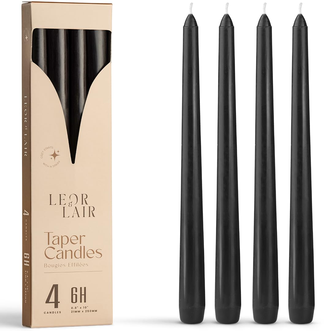 Leor & Lair Black Taper Candles - 4 Pack 10" Black Candlesticks - Unscented Long Burning Halloween Candles for Halloween Decoration, Gothic Decor, Holidays, Weddings & Restaurants