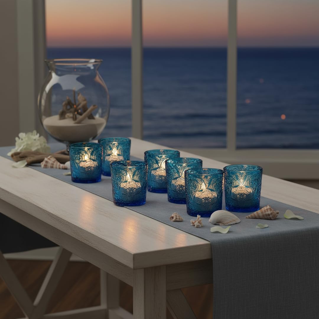 12 Pack Mandala Embossed Glass Candle Holders – Votive Tealight Holders with Patent Design, Decorative Embossed Glass Cups for Wedding Centerpieces, Parties, and Home Décor (Ocean Blue)