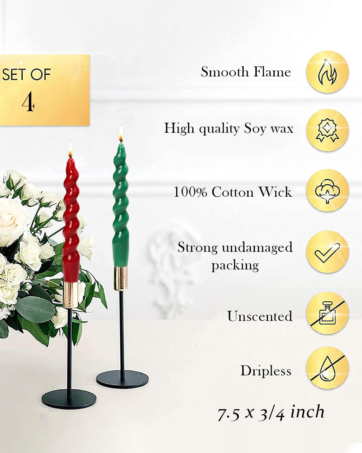 LPUSA 7.5 inch Christmas Taper Candles-Green and Red Spiral Candles-Unscented Candle Sticks and Dripless,Christmas decorations-4pcs(Green,Red)