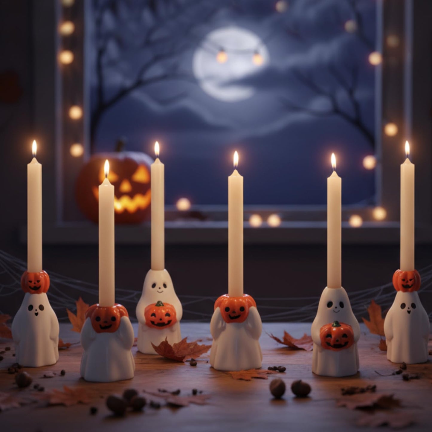 LemonRoad 6 Pcs Halloween Taper Candle Stick Holder Ceramic Ghost Holding Pumpkin Candlestick Holder Bulk Cute Halloween Decor Indoor Ghost Figures for Party Favors Gifts Table Centerpieces