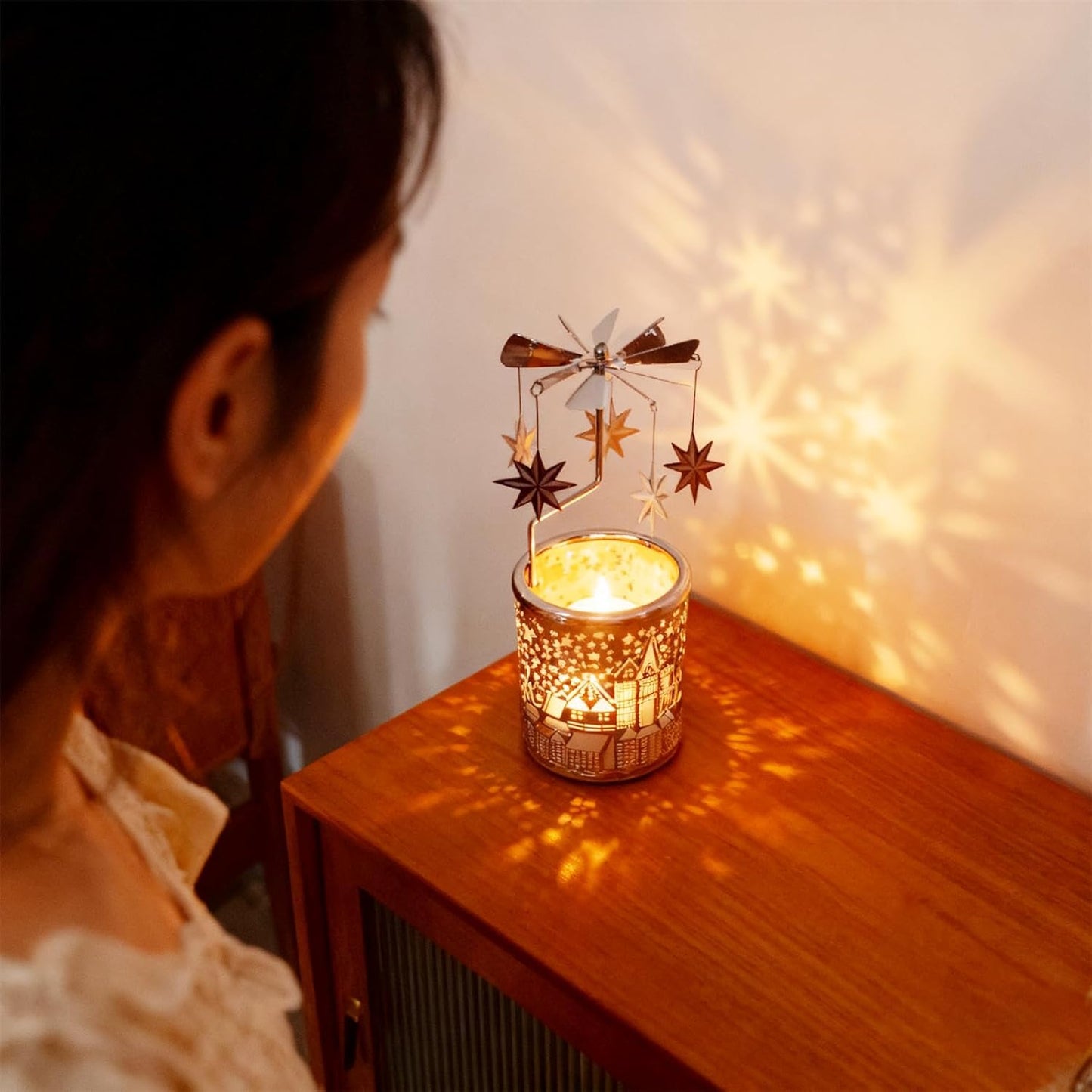 adkinzim Rotary Candle Holders Spinning Tealight Holders Carousel for Tabel Decoration for Children Friend (SIilver Stars)