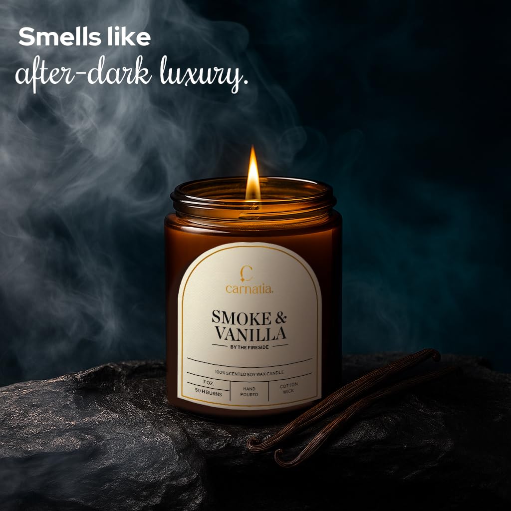 Carnatia Smoke & Vanilla Scented Candle – 7 oz | 100% Soy Wax with Cotton Wick | 50 Hour Burn | Aromatherapy Candle for Home, Cozy Mood & Relaxation | Gift for Women & Men