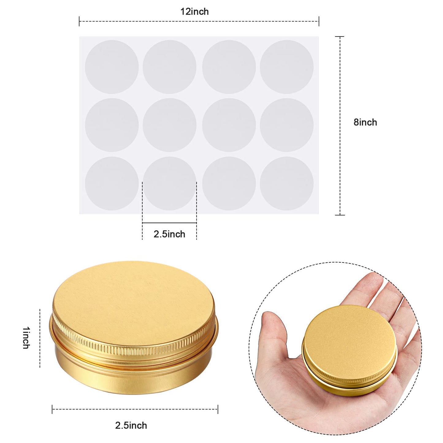 Patelai 2 oz Gold Metal Round Tins Aluminum Tin Cans Salve Tins Containers with Screw Lid 10 Sheets Stickers for Salve Spice Candies Balms Candles, 36 Pack (Classic Style)