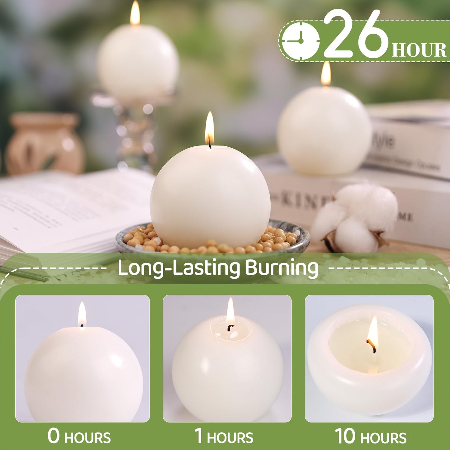 3 Inch Green Round Ball Candles,Elegant Round Pillar Candles,Hand-Poured Natural Soy Candles,26 H Long Burning Time-Dripless Smokeless Candle Dinner Table,for Wedding,Christmas Home Decor 4 Pack