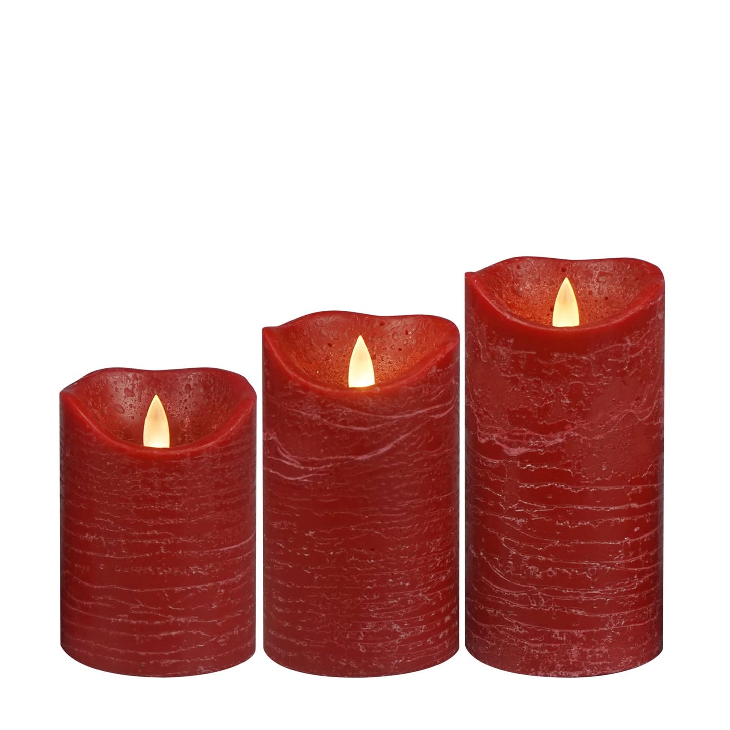 CANDLE CHOICE Battery Operated Flameless Candles with Timer Real Wax Realistic Flickering Electric LED Pillars Automatic Built-in Daily Cycle Timer 6-Hour on 18-Hour Off Set of 3 Rustic Texture Red