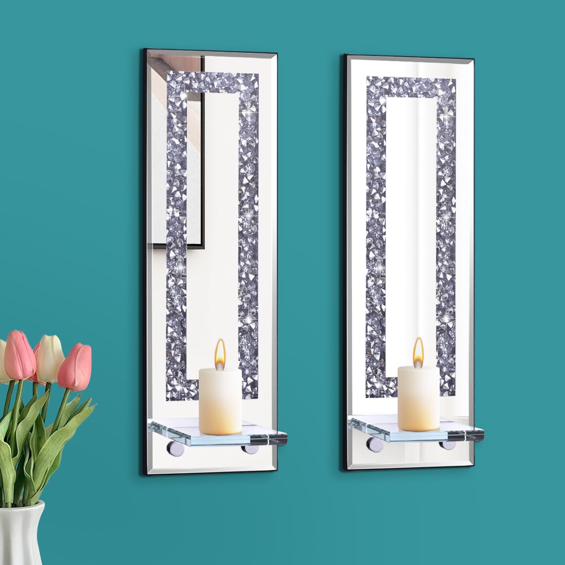 Pibeyer Crystal Crush Diamond Candle Holder Set of 2, Rectangle Silver Mirrored Candle Sconces, Wall Decorations for Living Room, Dining Room (Rectangle Stripe)