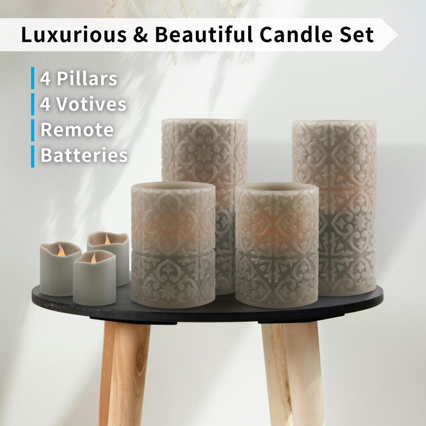 FURORA LIGHTING Grey Rome Flameless Candles - Real Wax, Adjustable Brightness, Remote & Timer - 4 Pillars (3x4, 3x6) and 4 Votives, 8-Pack, Battery Operated