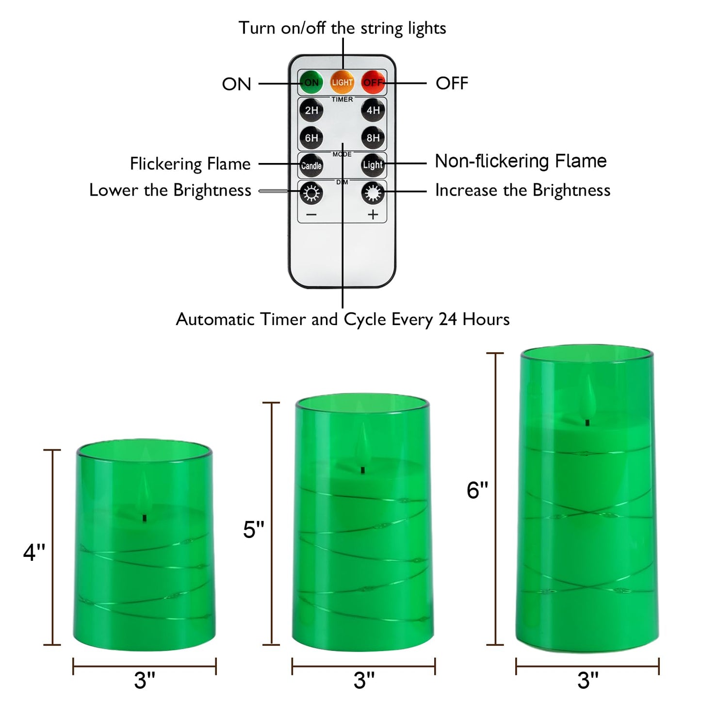 Homemory St. Patrick's Day Flameless Candles with Embedded Star String Fairy Lights, Green Battery Operated Candles, LED Candle, Fake Candles with Remote Control and Timer, Set of 3(H 4" 5" 6”)