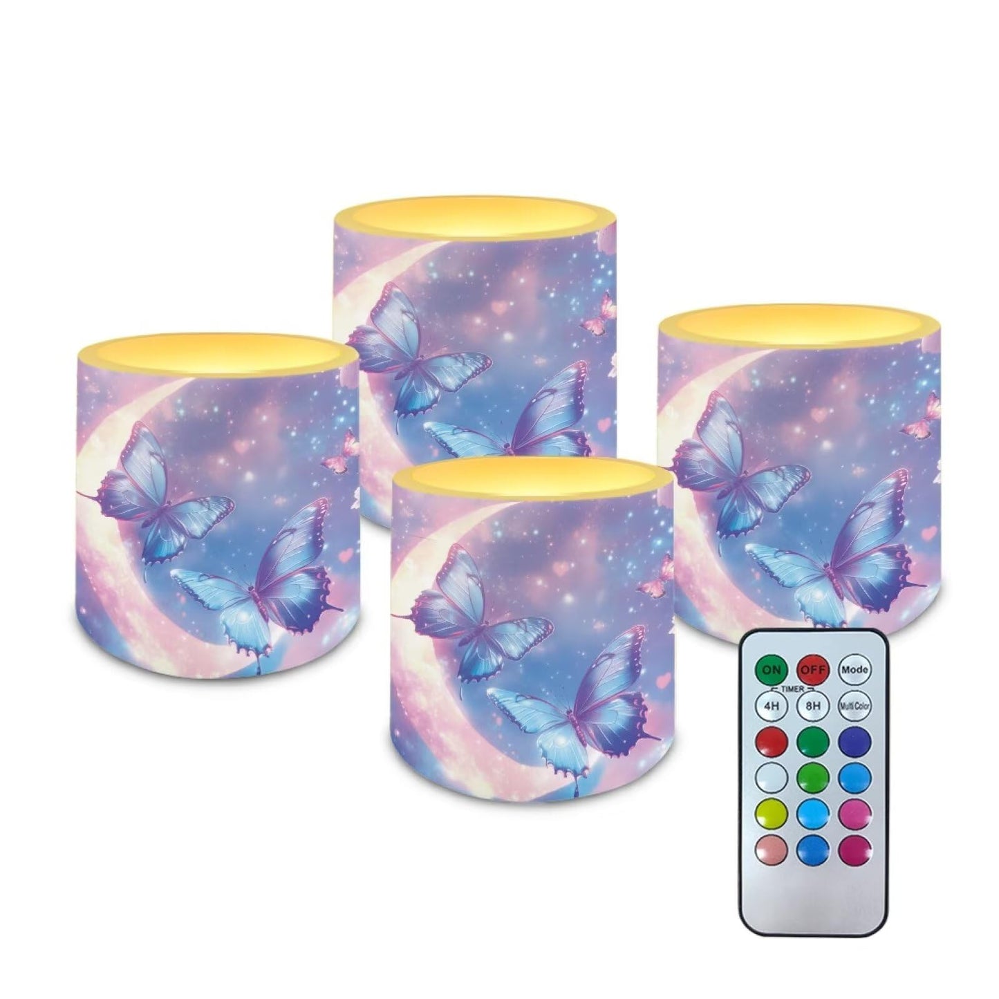 NETILGEN 4 Packs Flameless Candles with Remote Timer Color Changing 3 inch Flickering Flameless Candles with Battery Operated Moon Blue Butterfly Print