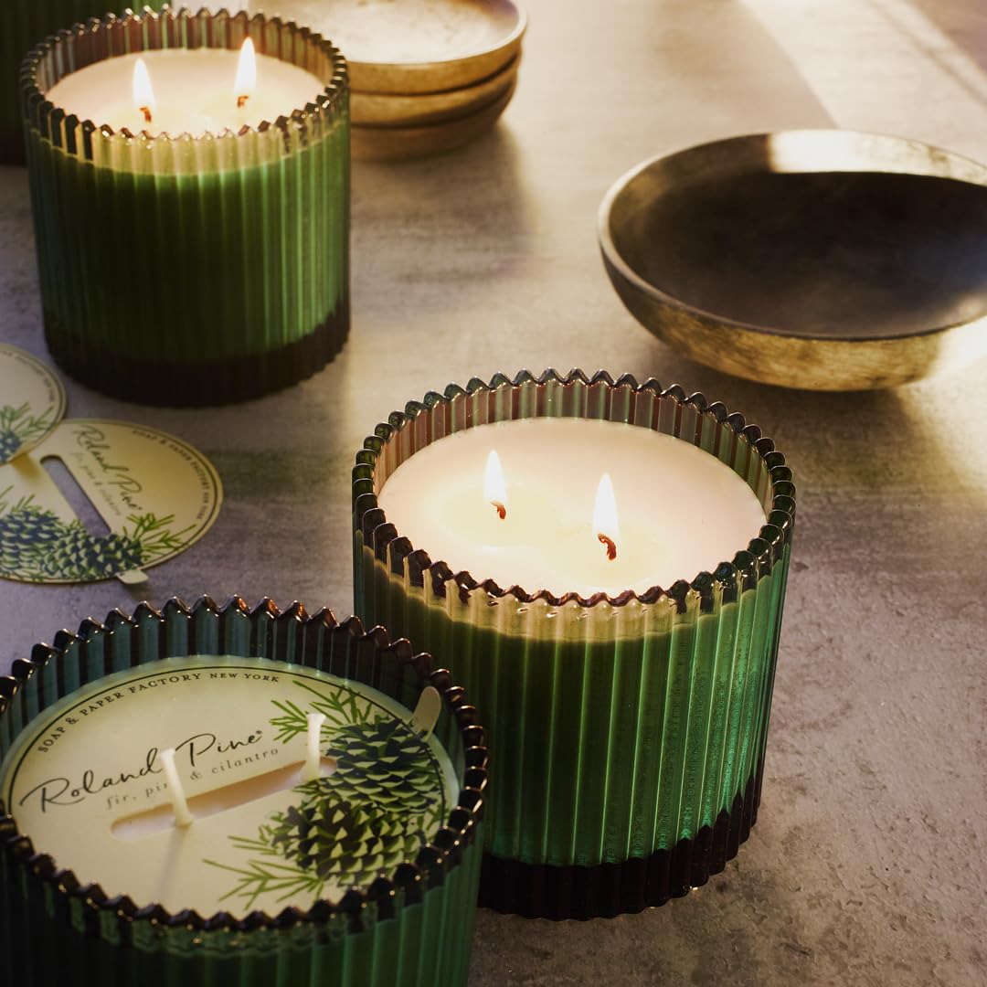 Roland Pine Two-Wick Forest Green Ribbed Glass Candle