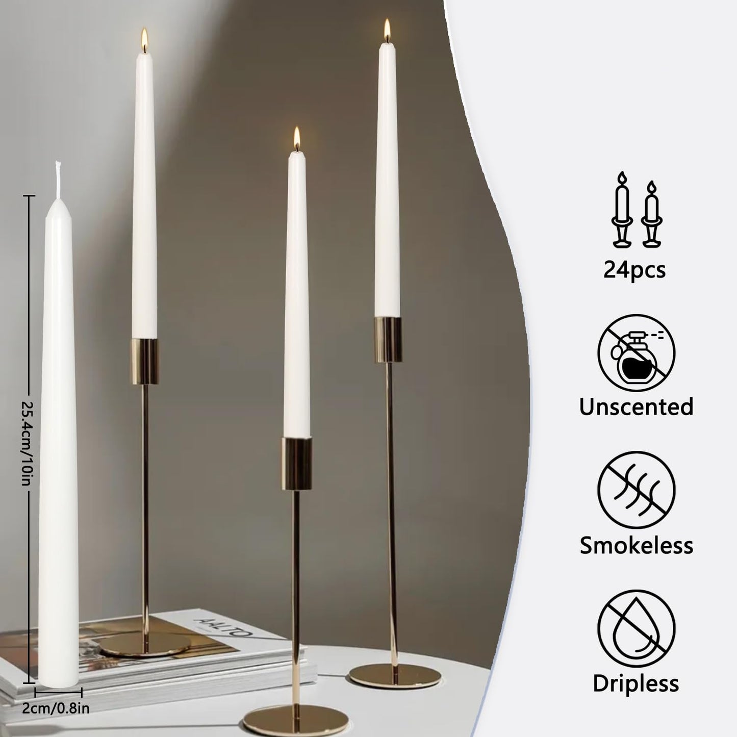 24Pack 10inch White Taper Candles- Dripless, Smokeless and Unscented candle-Long burning 8-9 Hours for home décor, Candlesticks, Dinner Table, Halloween,Vigil, Advent, Christmas, Thanksgiving, Kwanzaa