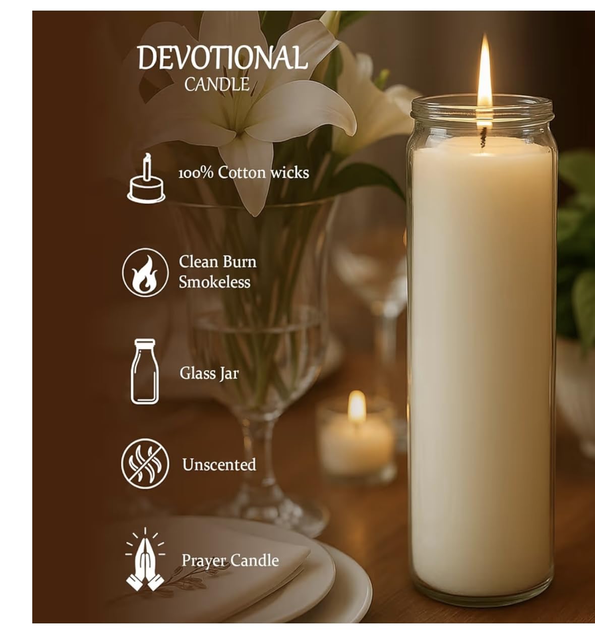 White Prayer Glass Candle, 8 Inch, 12 Pack, Devotional for Vigils, Ceremonies