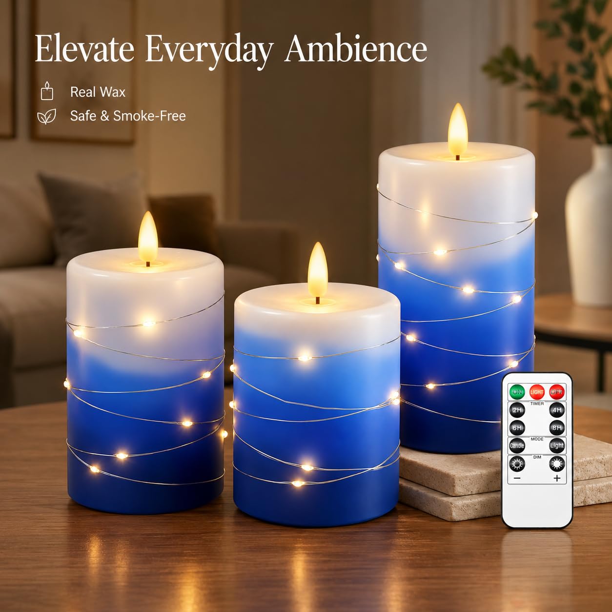 haitanghua flameless Candle Set of 3, with Fairy Light String, Remote Control Timer, Real Wax LED Candle Pillars, 3D Flame Effect, Battery Operated, Gradient Blue Home Decor Candles