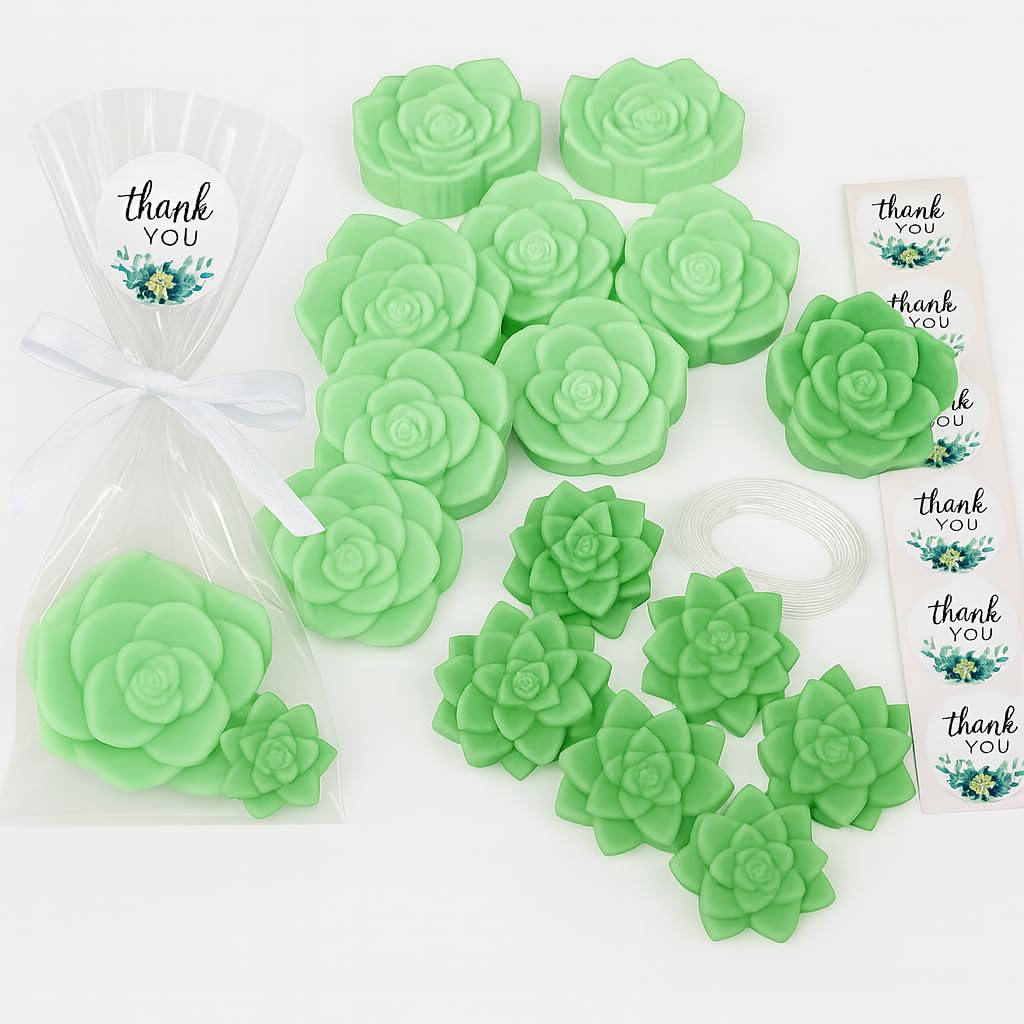 DIY Succulent Shaped Soap Favor Kit – 20 Green Cactus Blossom Scented Soaps with 10 Thank You Stickers, 10 Clear Cello Bags, and White Ribbons – Perfect for Baby Showers, Bridal Showers, Wedding