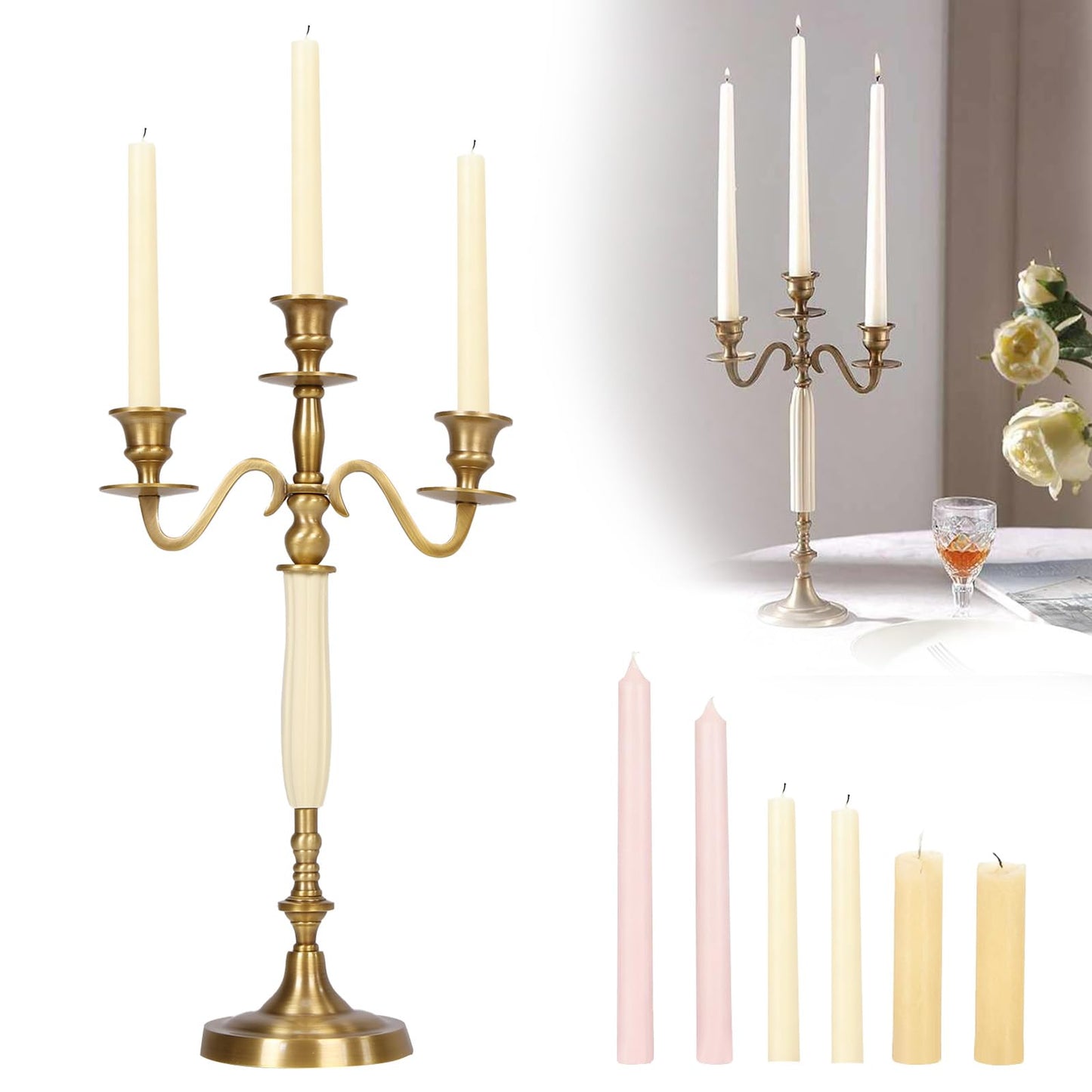 3 Arms Brass Plated Metal Candelabra Candle Stand Candlestick Holder for Wedding Dining Table Christmas Party and Indoor Home Decoration