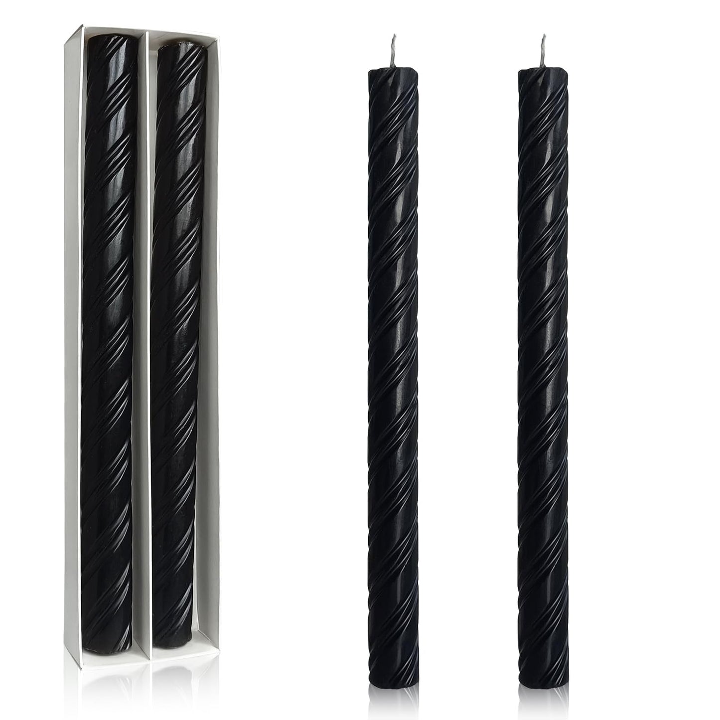 Dripless Taper Candles Unscented Black Spiral Candles Smokeless Long Dinner Candles 10 Inch Long Lasting Burn Candlesticks for Home Decoration Christmas Gifts(2Pcs)