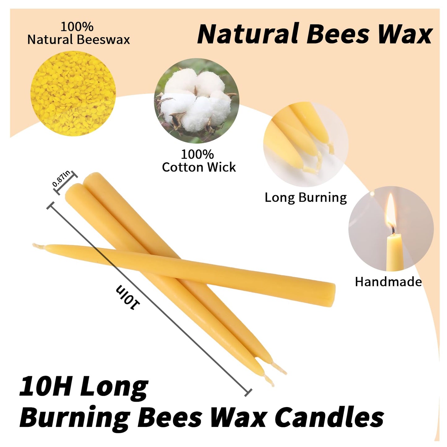 8 Pack Pure Beeswax Taper Candles, 10 Inch Beeswax Tall Candles 10Hours Long Burn - Smokeless & Dripless Candlesticks for Light, Dinner, Table Centerpieces, Home Decor