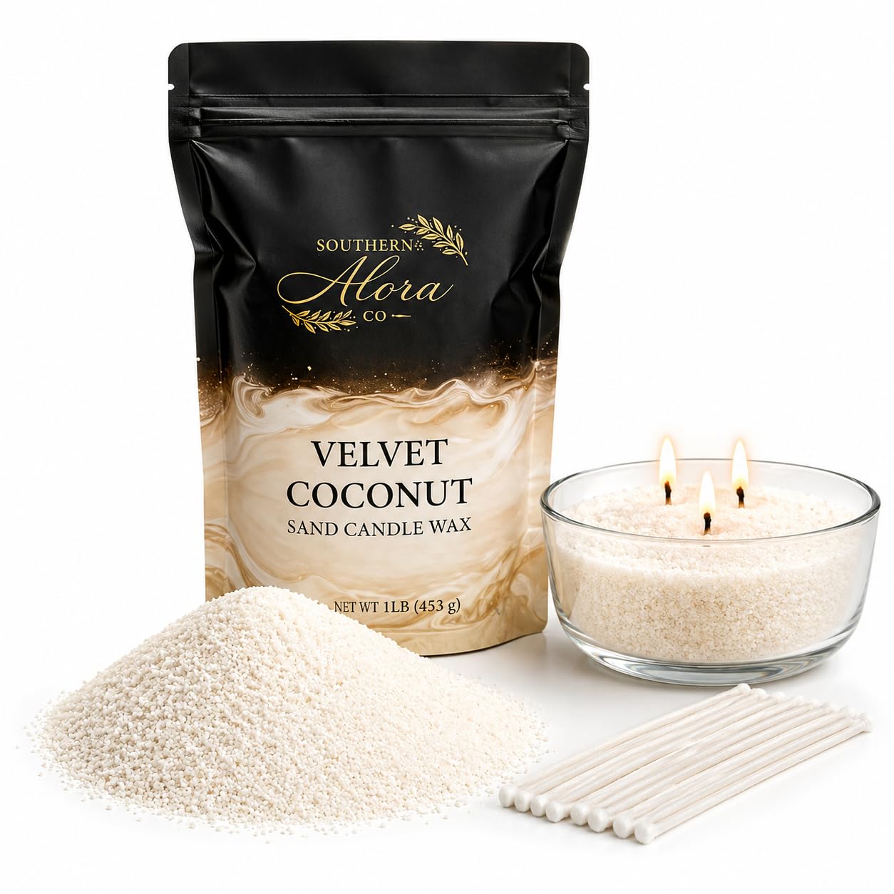 Candle Sand Wax 1 LB – Southern Alora Refillable Sand Candles with 10 Cotton Wicks – DIY Candle Kit for Wedding Centerpieces, Table Decor & Modern Home Decor (Velvet Coconut)