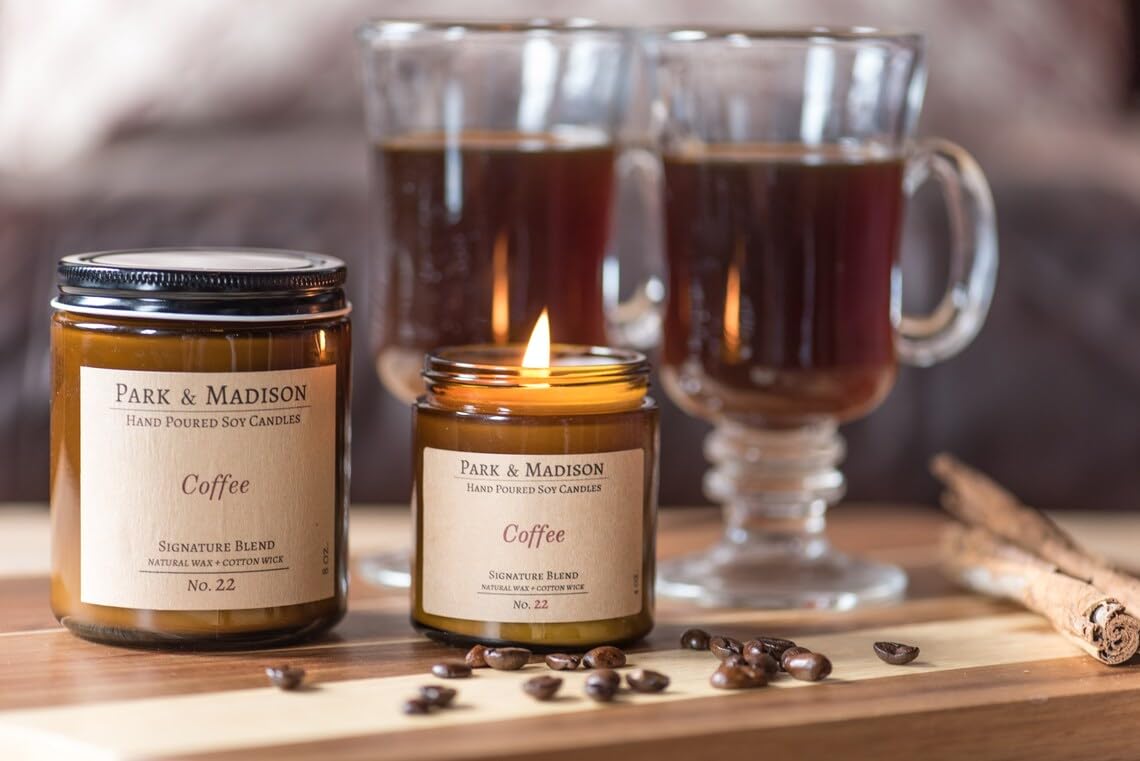 Park & Madison Coffee Soy Candle - Fresh Brewed Coffee Scented Candle | Hand-Poured Candle in Amber Jar with Black Lid | Phthalate-Free, Eco-Friendly Soy Wax | Non-Toxic Organic(4 oz)