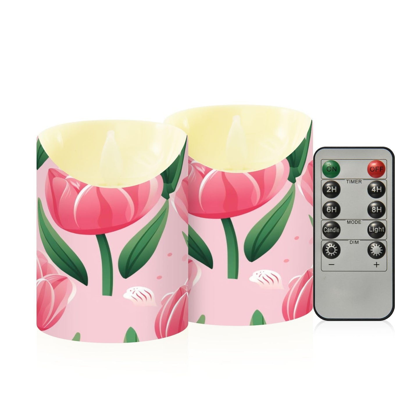 ALAZA Pink Tulip Flower Flickering Flameless Candles Battery Operated with Remote Timer,Tea Light Candles LED Pillar Votive Set of 2 for Outdoor Indoor Decorations 3" x5.9"