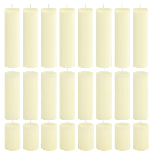 CHICERA 24-Pack Ivory Unscented Pillar Candle Set - 2x3, 2x6, 2x8-inch Long-Burning Drip-Free Tapers, 8 Per Size. Ideal for Home Decor, Weddings, Emergencies, and Holidays.