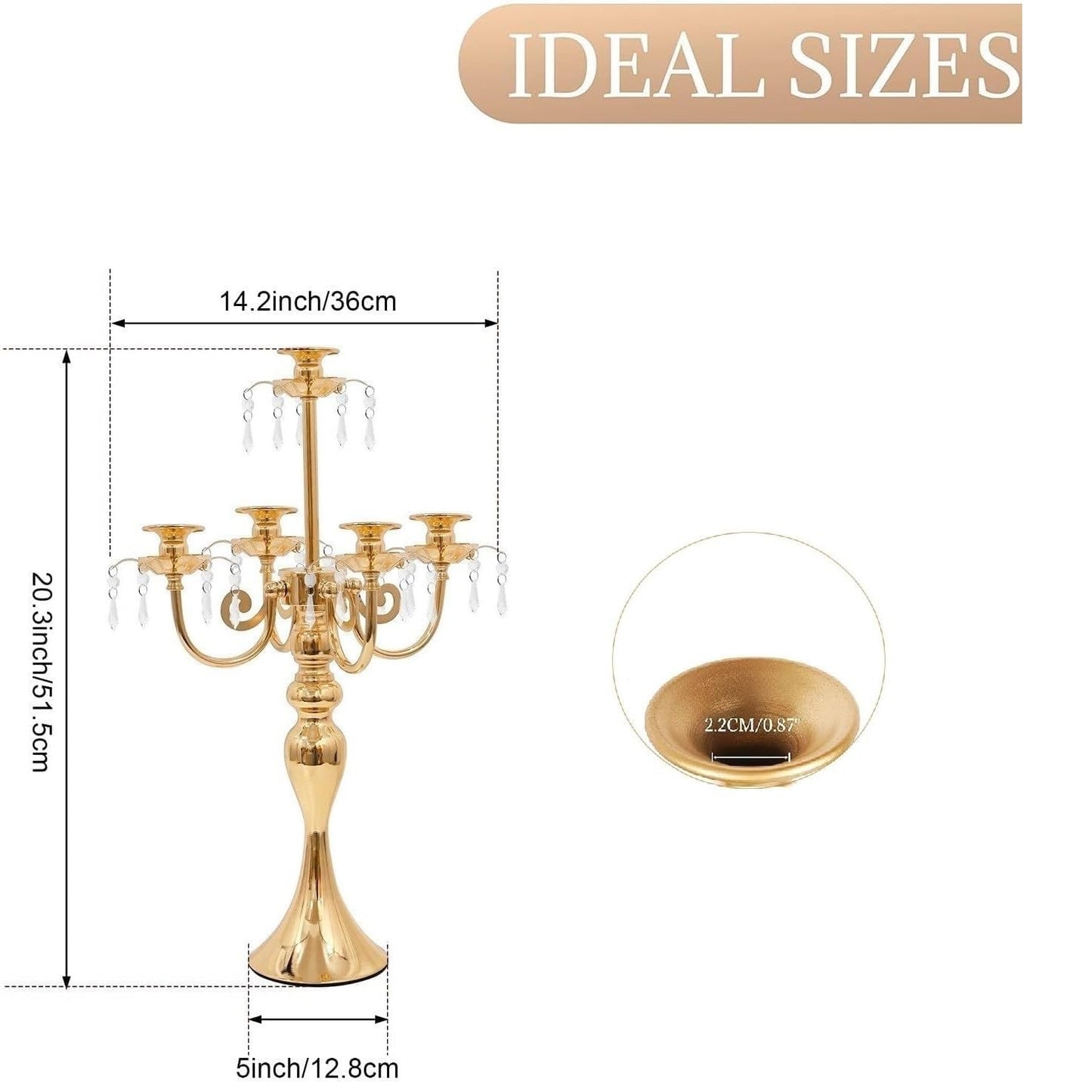 5 Arm Black Candelabra Centerpiece for Table, 20.3” Tall Metal Candlestick Candle Holder for Taper Candles, Gothic centerpieces for Tables, Wedding, Party, Reception (Gold, 2pcs)