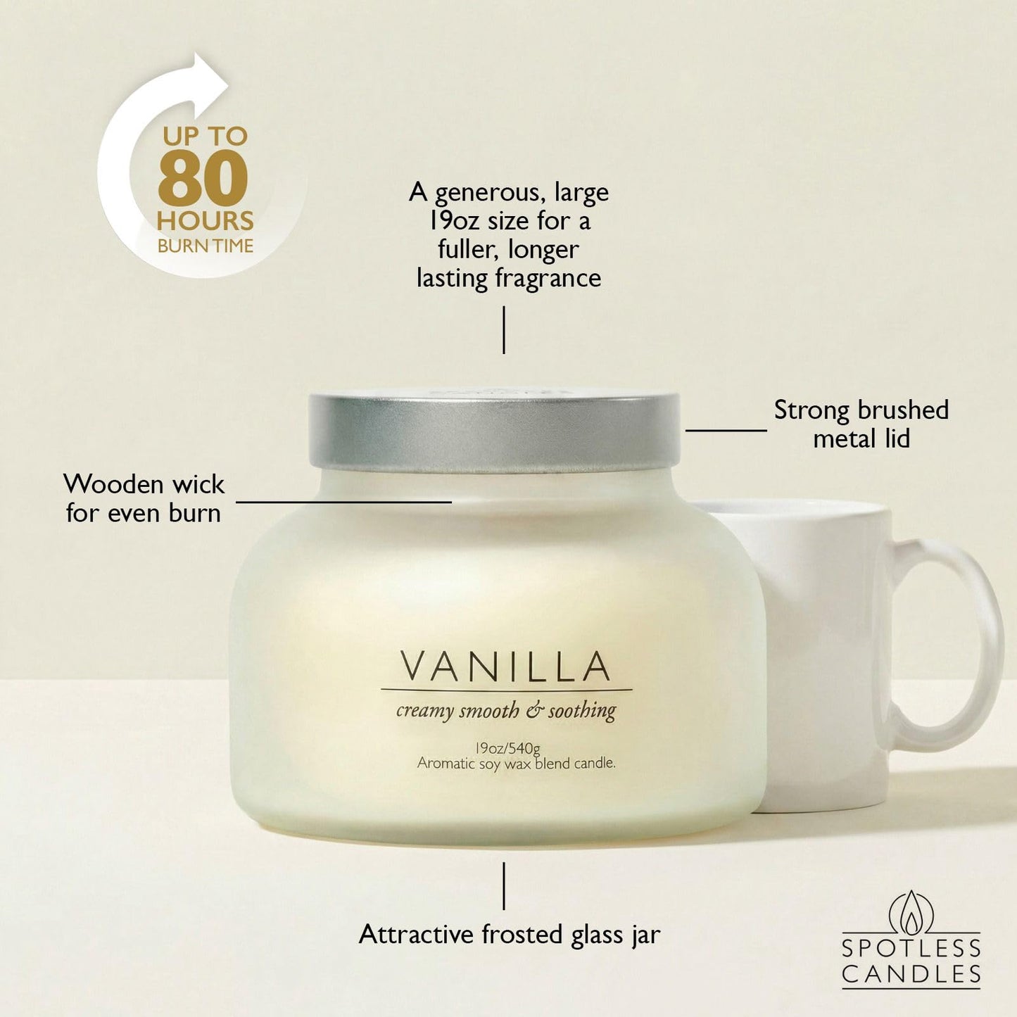 Vanilla Volcano Candle 19oz: 80-Hour Burn, Creamy Smooth Vanilla Scent, Hybrid Soy Wax, Crackling Wood Wick, Cream Matte Glass Jar, Gold Foil Gift Box by Spotless Candles