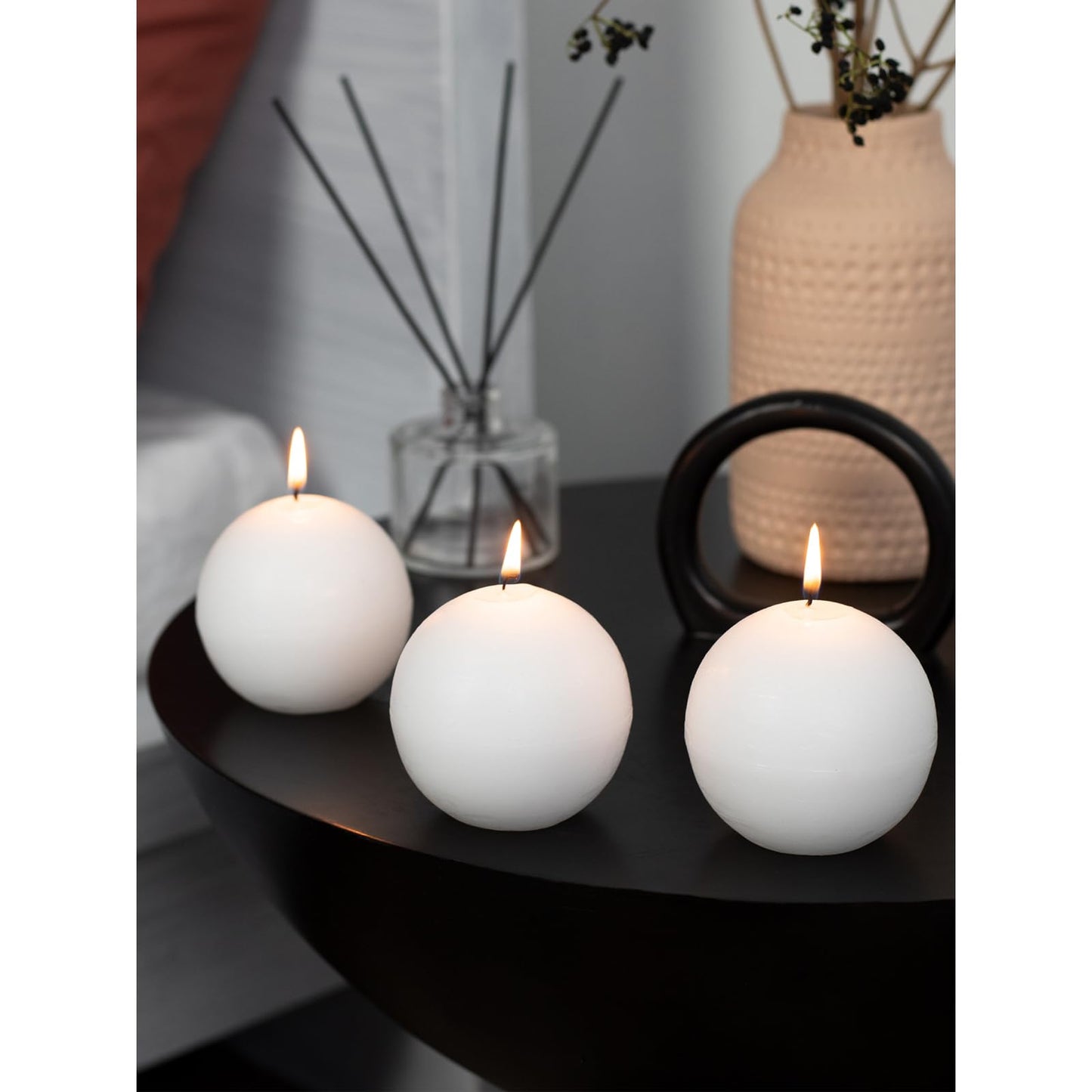 CANDWAX Set of 3 Round Candles Ball 3 inch - Snowball Spheres - Perfect as Wedding Decorations and as Spheres for Home Decor - Unscented Smokeless Dripless Long Burning White Candles