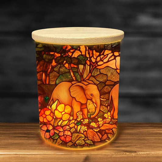 Stained Glass Elephants Tea Light Candle Holders, Forest Rivers Tealight Candle Holder Jar with Wooden Lid, Votive Candlesticks for Table Centerpieces, Christmas,Birthday Party,Home Decor