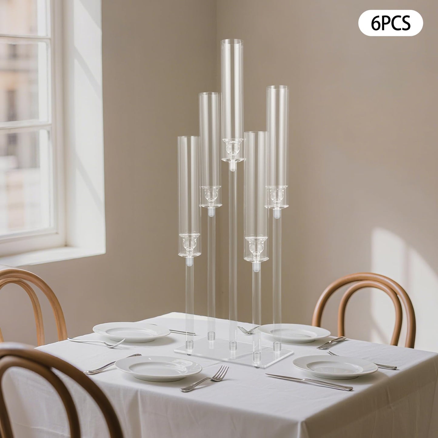 4Pcs 9 Arms Acrylic Candle Holder, Clear Candlestick Holder w/Acrylic Shade, 42.5In Tall Crystal Tapered Candle Holders Centerpieces w/Rectangular Base for Home Wedding Party (6Pcs 5Arms)