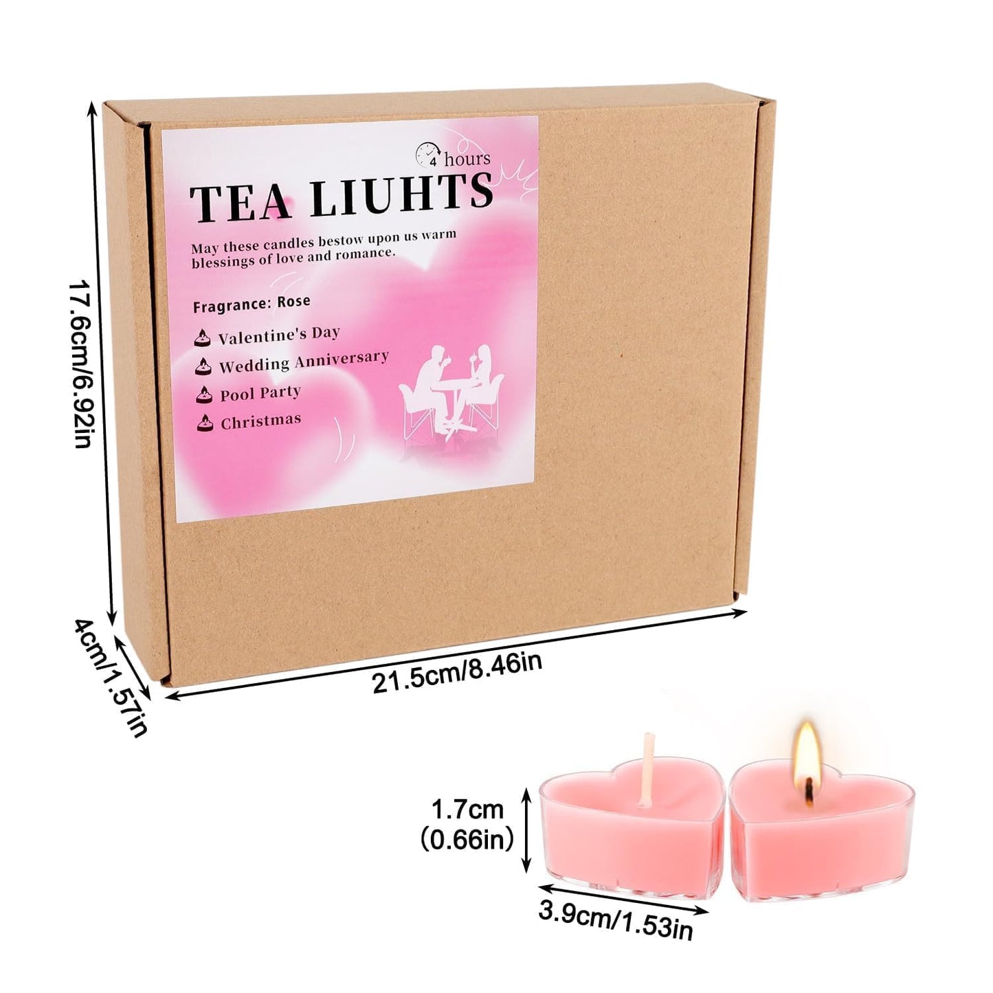 50-Pack Pink Heart Tea Wax (4-Hour Burn) - Rose-Scented Candles for Valentine's Day, Anniversaries, Weeding,Pool Parties & Romantic Decor & Special Occasions.
