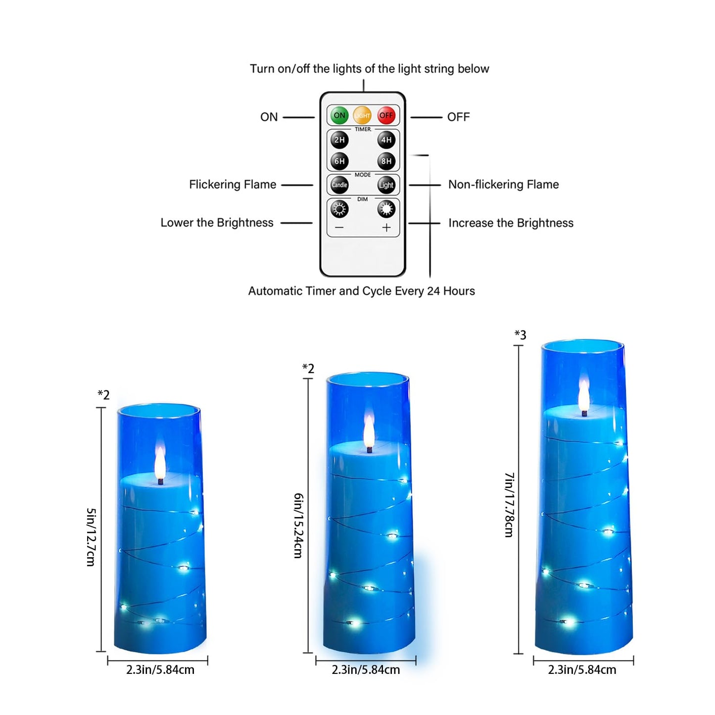 Eebuss Flameless Candles with Embedded Star String, Battery Operated LED Pillar Candles with Timer and Remote Control,Home Decorating for Ambiance， Set of 7 (Blue)