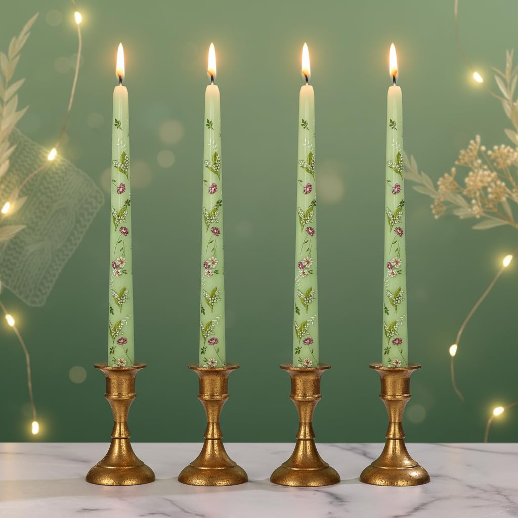 Scandinavian Tall Candle 10 in Green Printed Taper Candles Hand Printing Candlesticks Unscented Smokeless Tapered Candle Sticks for Home Decor Rustic Wedding Simple Modern, 4 Pack