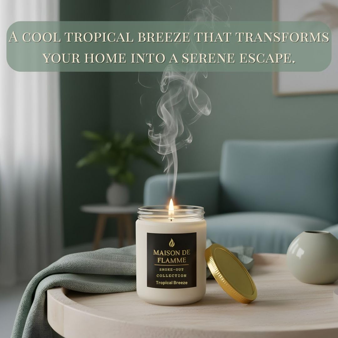 MAISON DE FLAMME Tropical Breeze Odor-Eliminating Scented Candle (White Jar, 200g/7oz) | Long-Lasting Premium Soy Wax Candle for Smoke, Kitchen & Pet Odors