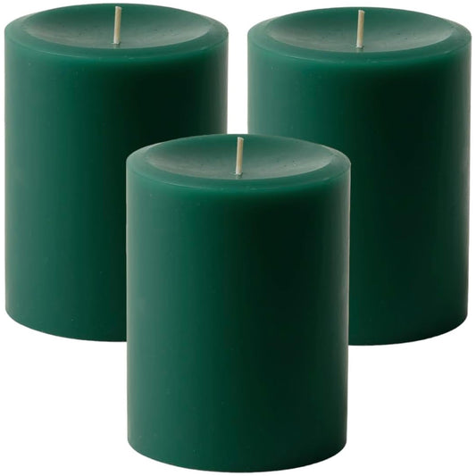 Mister Candle Dripless Unscented Green Pillar Candles, Set of 3 Hand Poured Solid Color Non-Scented Candles for Home Decor, Premium Wax, 60 Hr Burn Time - 3x4 Inch, Green