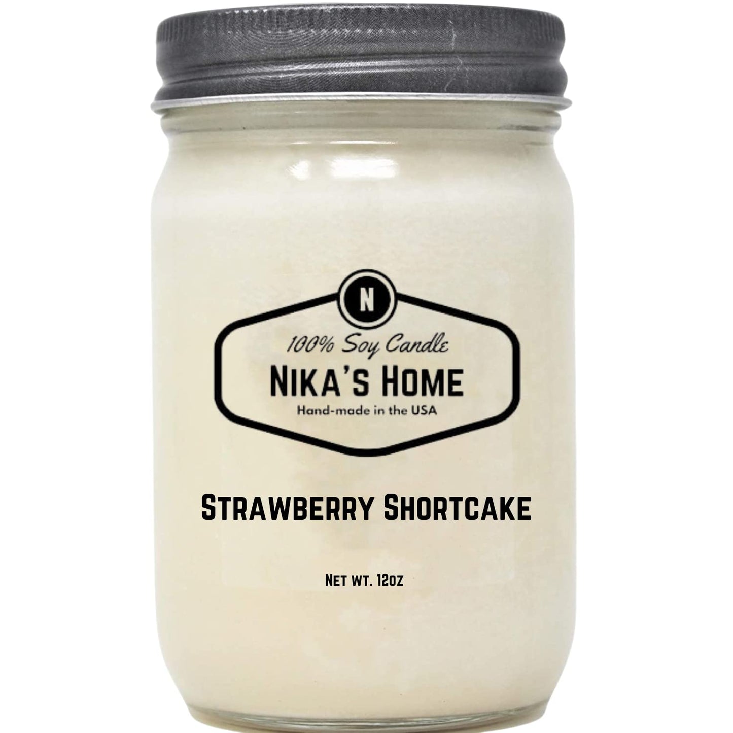 Nika's Home Strawberry Shortcake Soy Candle - 12oz Mason Jar - Non-Toxic - Hand Poured in The USA, Long Burning 50-60 Hours Highly Scented All Natural, Clean Burning