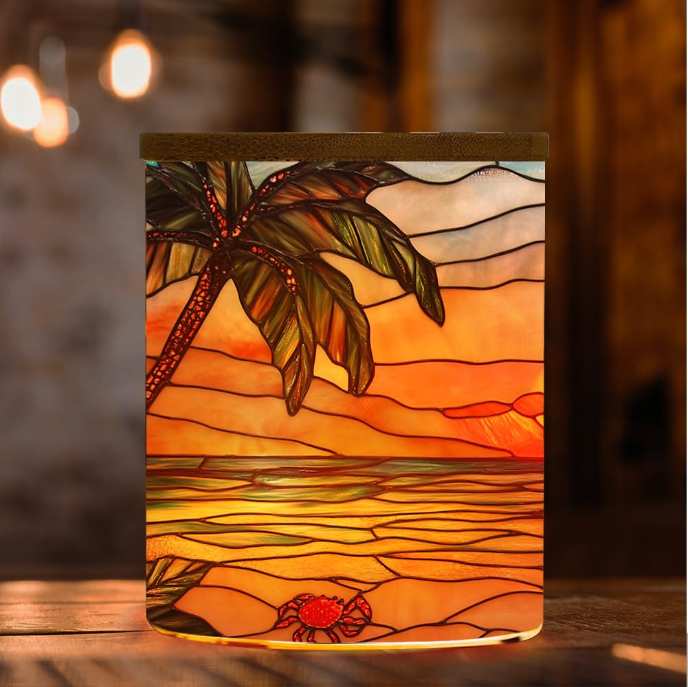 Stained Glass Seascape Tea Light Candle Jar for Home Decoration, Flowers Tealight Candle Holders with Bamboo Lid, Palm Trees Candle Candlestick for Thanksgiving Christmas Birthday