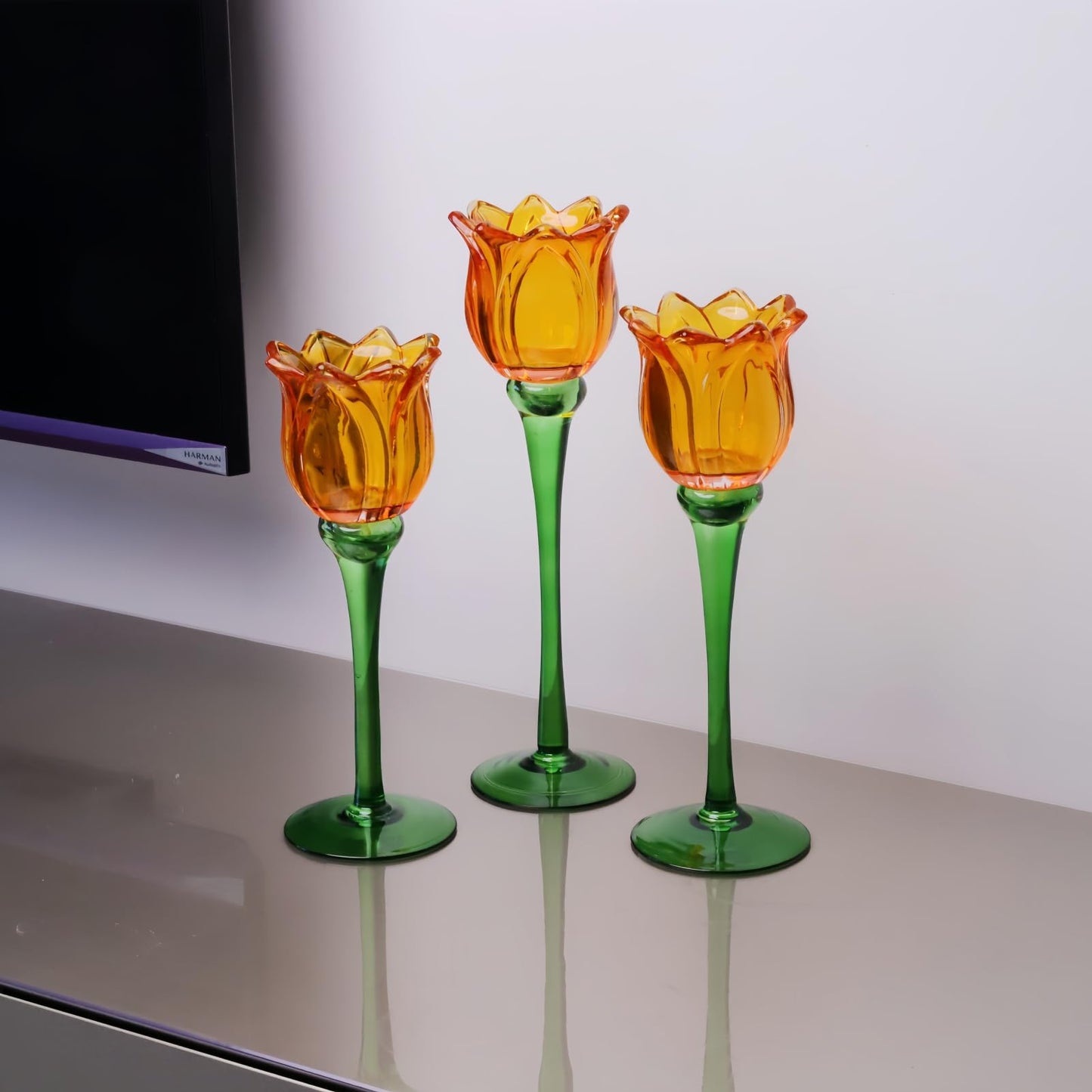 VOHO Orange Tulips Votive Candle Holders for Spring Decor, Elegant Tall Glass Candle Holder Centerpiece Table Decorations, Tulip Tealight Candle Holder for Wedding for Women(Set of3)