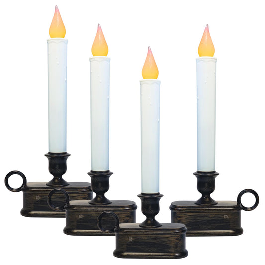 ZAXIFLY Set of 4 Battery-Powered Christmas Window Candles,9 Inch LED Flameless Taper Lights with Dusk to Dawn Sensor, Antique Bronze Base,for Holiday Decor