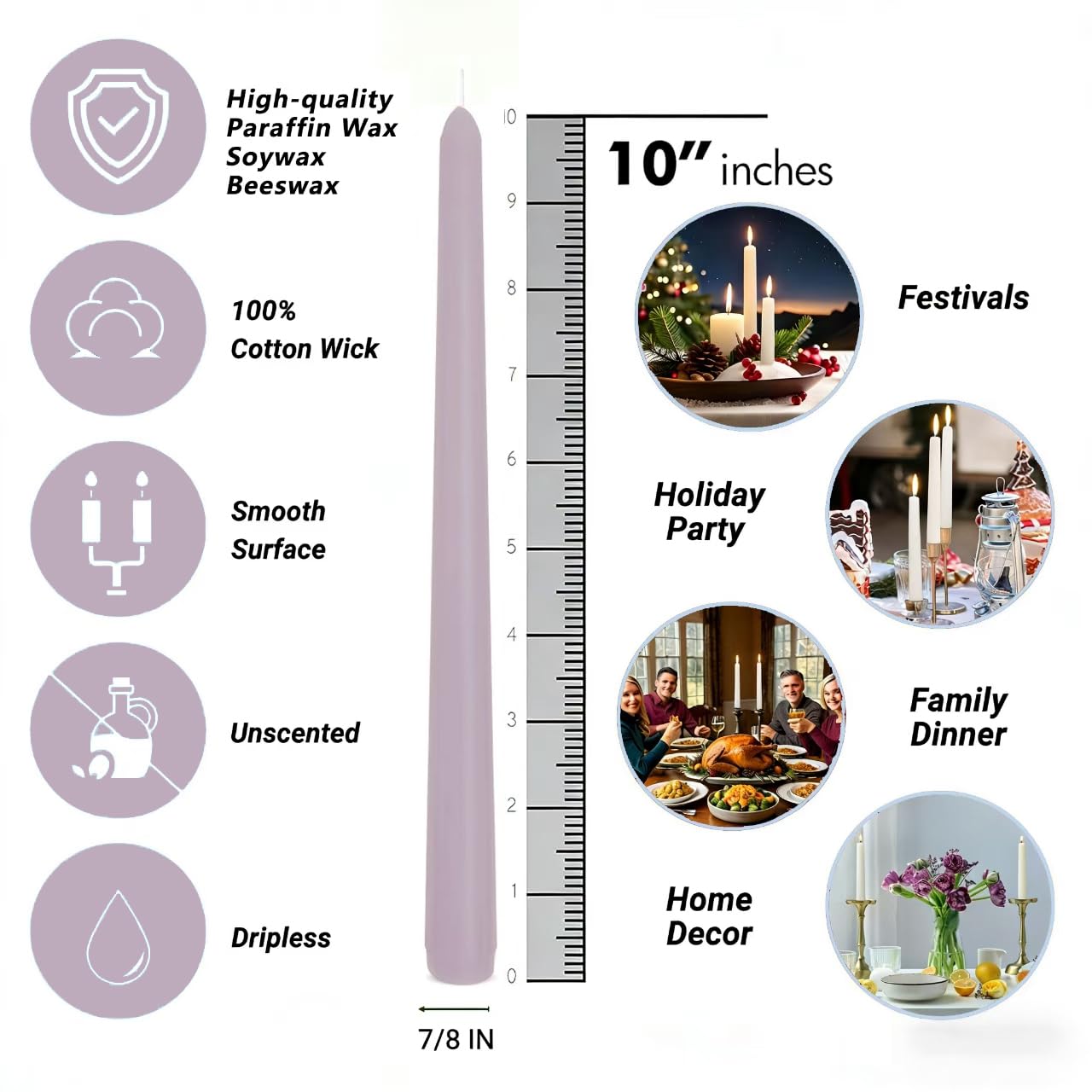 20-Pack Light Purple Taper Candles Unscented, 10 Inch Tall Dinner Table Candlestick for Wedding Centerpieces, Bulk Tapered Candles Smokeless Dripless, Lavender Decorative Candle for Home Decor