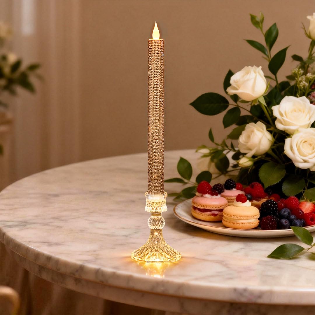MISSTIME Flameless Taper Candles with Illuminated Crystal Glass Candle Holder - Remote Timer 2AA Battery Operated 500+ Hours Rose for Thanksgiving/Xmas Decor, Wedding Centerpiece (2 Pack)