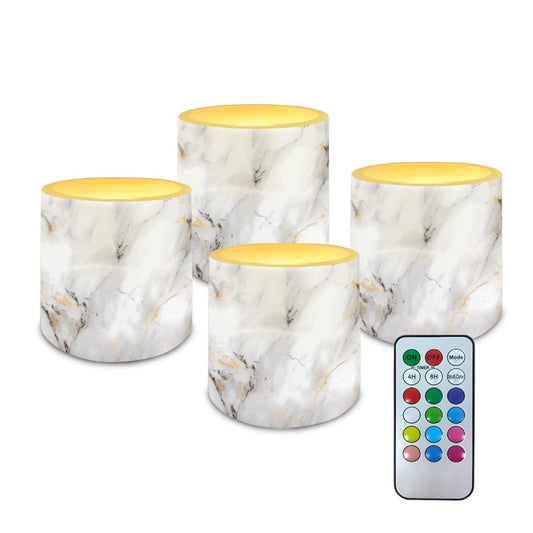 NETILGEN Grey Marble Flameless Candles with Remote Control and Timer Pack of 4 Color Changing Battery Operated LED Pillar Candles for Home Decoration
