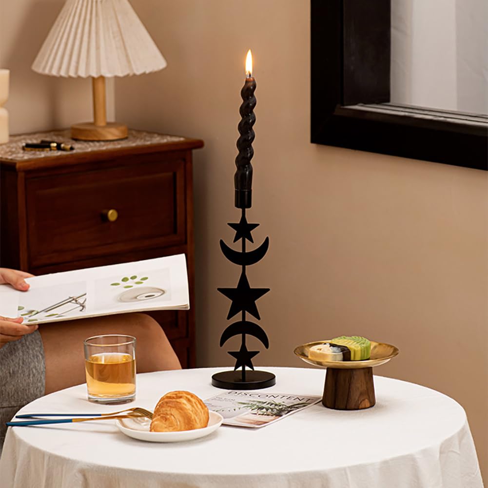 Iron Taper Candle Holder Matte Black Tall Star Moon Candlestick Holders Decorative Candle Stand Candlestick Holder for Wedding, Dining Table, Party Home Decoration (B)