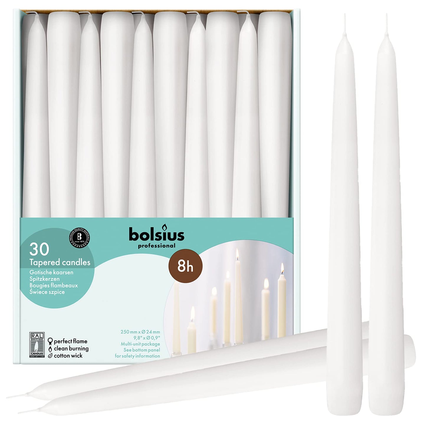 BOLSIUS Long White Taper Candles - Bulk Pack of 30 Count - 10-inch Unscented Household Candlesticks - Premium European Quality Wax - 8 Hour Long Burning Candles for Home Décor, Weddings & Parties