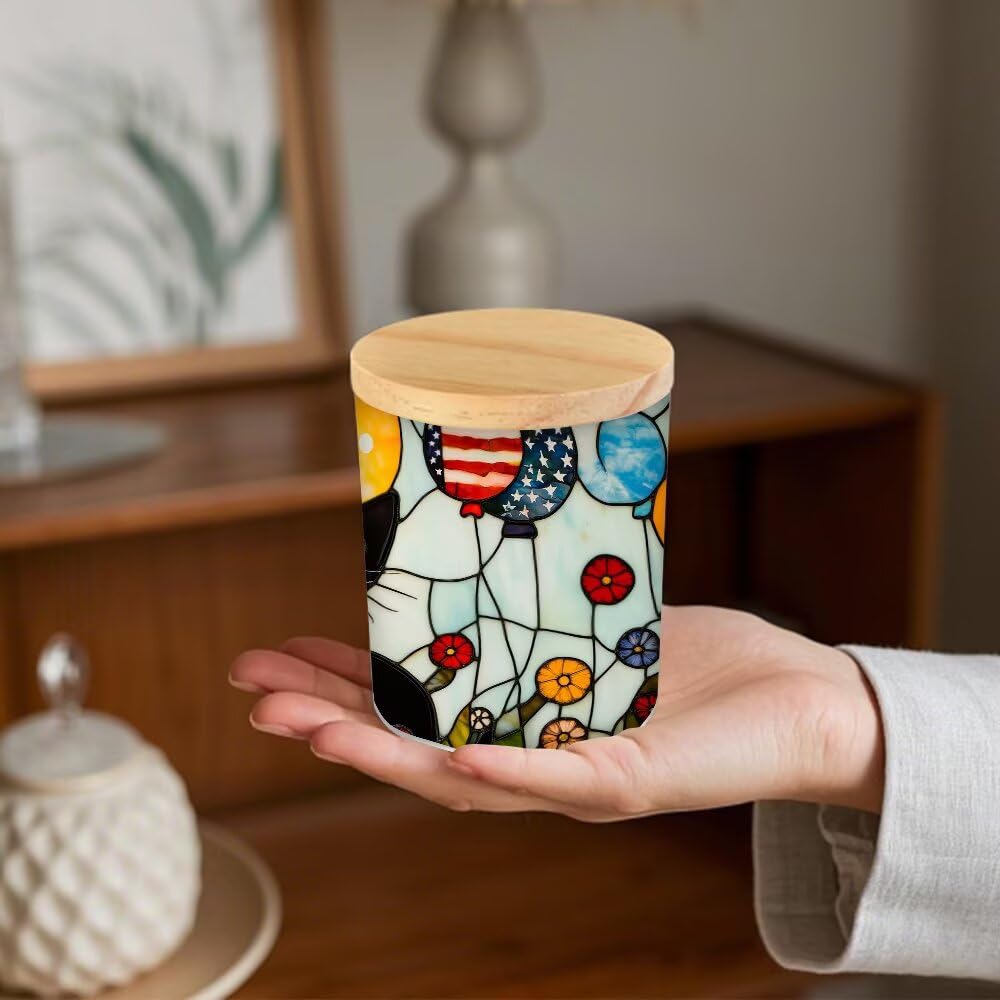 Stained Glass Black Cats Tea Light Candle Holders,Balloons Tealight Candle Holder Jar with Wooden Lid, Floral Votive Candlesticks for Table Centerpieces, Christmas,Birthday Party,Home Decor